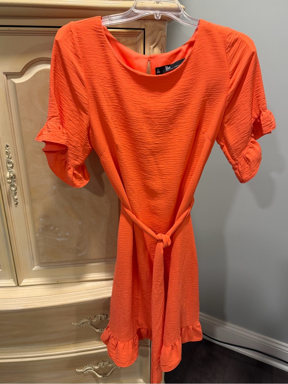Textured Orange Tie-Waist Mini Dress